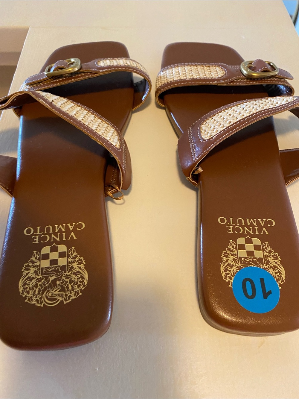 Vince Camuto Brown Woven Raffia Buckle Slide Sandals - Picture 4 of 5